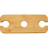 A bamboo wine bottle and glass carrier featuring two circular cutouts for glasses and one for a bottle.
