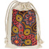 A cream-coloured drawstring bag featuring Indigenous artwork in vibrant reds, yellows, and blacks. It has a logo.