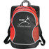 A black and red backpack with a logo, featuring mesh side pockets and adjustable straps.