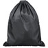 A black drawstring bag featuring a gathered top and a simple design. It has a logo displayed on the front.