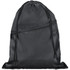 A black drawstring bag with a zippered front pocket and a logo. Made of smooth fabric.