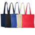 Five tote bags in navy, black, royal blue, beige, and red, featuring shoulder straps and an emblem on one.