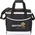 A black cooler bag with white accents and a logo. Features both handles and a shoulder strap for carrying.