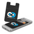 A black phone wallet with a card slot, displayed on a silver smartphone, featuring a logo.