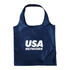 A navy foldaway tote bag with a single strap and a branding logo. It features a compact design for easy storage.