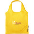 A yellow foldaway tote bag with a logo, featuring a single handle and a compact design for easy storage.