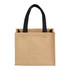 A mini jute tote bag in natural brown with black handles, featuring a simple design and a logo.
