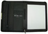 A black A4 zip compendium with an inner notepad, pockets, and a calculator. It features a logo.