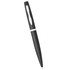 A black metal twist action pen with a white accent and a logo on the side.