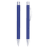 A blue metal ballpoint pen with a chrome clip and accents. Features a click action mechanism.