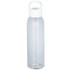 A drink bottle made of clear Tritan material with a white lid and a handle. Features a logo on the body.