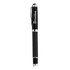 A black carbon fibre rollerball pen with chrome accents and a branding logo.