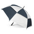 A large sports umbrella with a navy blue and white canopy design, featuring a handle and a branding logo.