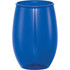 A blue stemless wine cup with a glossy finish, featuring a logo on its surface.