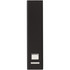 A sleek black power bank with a simple design, featuring a logo and button on the front.