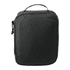 A black tech case with a handle, featuring a textured surface and a zip closure. It has a logo on the front.