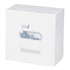 A white product box containing earbuds, featuring a minimalist design and a branding logo.