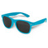 A pair of turquoise sunglasses with black lenses, featuring a logo on the frame.