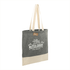 A grey and cream tote bag with long handles and a logo on the front. Made from recycled cotton twill.