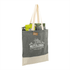 A grey and cream tote bag made from recycled cotton twill, featuring a logo and filled with various items.