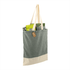 A grey and cream tote bag with a logo, filled with various items, including packaging and a drink bottle.