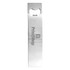 A drink bottle opener in a sleek stainless steel design, featuring a logo on the surface.