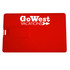 A red credit card USB drive with a slot and a logo printed on it.
