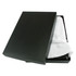 A black box slightly open, revealing a white cloth covering a dark leather compendium inside.