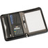 A5 zippered compendium in black, featuring a calculator, notepad, pen, and card slots. Includes a logo.