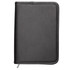 A5 zippered compendium in black with a stitched edge, featuring a logo on the front.