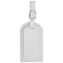 A white luggage tag made of leather, featuring a strap and a discreet logo.