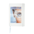 A white journal with a graphic eye design on the cover and an elastic closure. It features a logo.