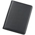 A black imitation leather A4 compendium featuring a smooth exterior and a logo.