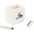 A white pen pot with a textured exterior, accompanied by two matching white pens. It features a logo on the front.
