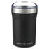 A drink bottle in matte black with a silver rim and a transparent lid, featuring a branding logo.