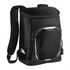 A black cooler backpack featuring a front pocket and mesh shoulder straps, ideal for carrying drinks.