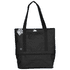 A black cooler bag with sturdy handles, featuring a zippered compartment and branding. Suitable for carrying drinks and food.