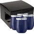 A gift box containing four navy drinkware tumblers with silver lids, presented in a sleek black box.
