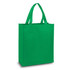 A green A4 tote bag with two handles and a simple design, featuring a logo on one side.