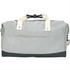 A grey and dark grey cotton duffel bag with handles and a branding logo.