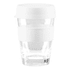 A drink cup with a clear glass body, white silicone sleeve, and white lid, designed for reusable coffee use.