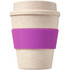 A drink cup made from a bamboo mix with a speckled cream finish and a purple silicone grip. It features a logo.