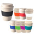 A drink bottle featuring a beige bamboo mix body with various colourful silicone bands, including black, red, and orange.