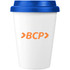 A drink bottle featuring a white body and blue lid, with a logo printed on the side.