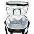 A black cooler bag with a spacious interior, featuring a white lining and a carry handle. It has a logo on the exterior.