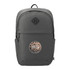 A grey computer backpack made from Repreve recycled material, featuring a logo on the front and adjustable straps.