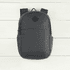 A dark grey backpack made of recycled material, featuring a front pocket and side compartments, with a logo.