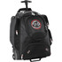 A black wheeled backpack with multiple compartments and a retractable handle, featuring a round logo on the front.