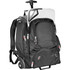 A black wheeled backpack with multiple compartments and a retractable handle. It features a logo on the front.