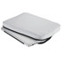 A grey laptop sleeve with a zipper, slightly open to reveal a laptop inside.